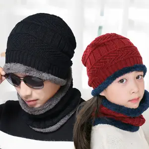 Children Windproof Knitting Caps Neck Warmer Winter Hat Scarf Men Warm Skullies 2Pcs Beanie Scarf Set