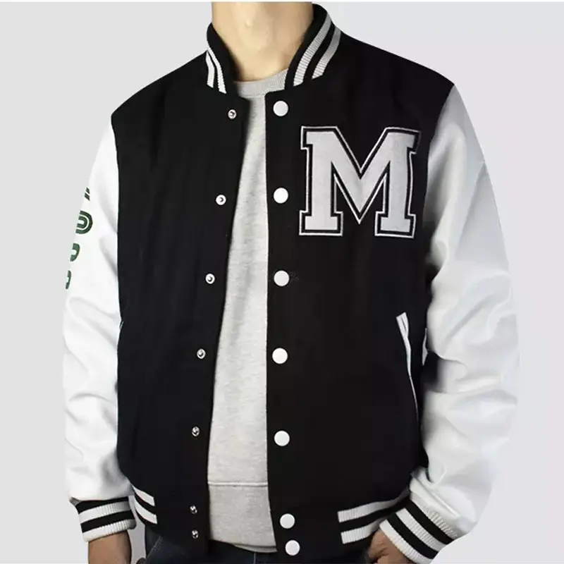 Jaket Bisbol Pria, Jaket Sublimasi Ramping Pas Badan, Jaket Bomber Varsity, Mantel Kulit Lengan Bersulam Logo