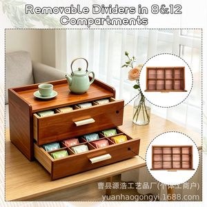 Wooden Double Layer <b>Tea</b> Bag Storage <b>Box</b> With Compartments Drawer Style Desktop Organizer For <b>Tea</b> Room Use - Product Image 5
