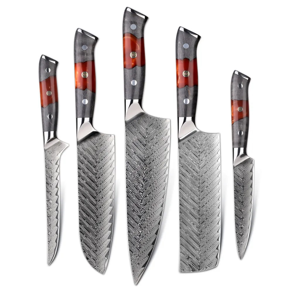 Hổ phách chuyên nghiệp dao gỗ đặt couteau Damascus Knife Set trái cây boning dao nhà bếp thiết lập với gỗ Epoxy nhựa xử lý