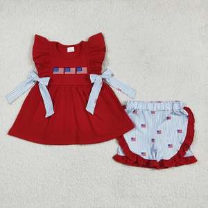 Baby Girls 4th of July Outfit Set Embroidered Bow Flags Tunic Top with Ruffle Shorts - Product Image 4