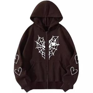2025 Autumn/Winter Cross Border Autumn/Winter Plus Velvet Spider Web Love Printed Zipper Hooded <b>Cardigan</b> <b>Coat</b> - Product Image 1