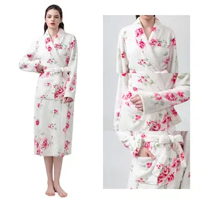 Sunhome Women's Pajamas Coral Velvet Loungewear Ladies Shawl Collar Floral Sleepwear Thick Warm Bathrobe
