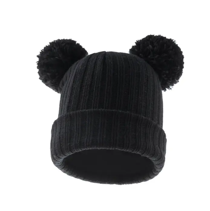 Baby Girls Boys Ribbed Knit Beanie Hat Infant Toddler Double Yarn Pompom Ears Cover Skull Cap 0.5-3Y