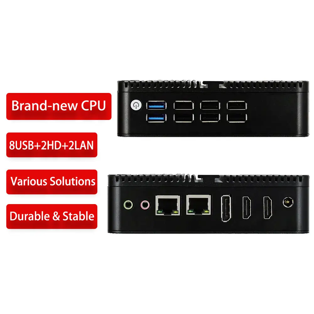 Fabrika ucuz PC Mini bilgisayar Intel N100 4 çekirdekli çift 2 Lan Ethernet 8 USB Ubuntu Win 10 Nuc Nano fansız endüstriyel PC Mini