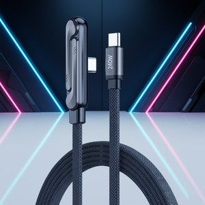 Cavo di ricarica rapida <span class=keywords><strong>USB</strong></span> C 2 <span class=keywords><strong>in</strong></span> 1 da 240W, piatto, intrecciato, con supporto per telefono. - Product Image 1