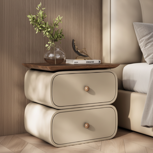 Table de chevet moderne empilée avec deux tiroirs beiges incurvés et un plateau rectangulaire en finition noyer contrasté, au prix de gros - Product Image 1