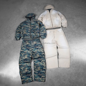 Custom Jeans Set Camouflage Denim <b>Pullover</b> Zip up <b>Jacket</b> and Jeans Pants Oversized Heavyweight Jogger Set Wash Design Denim Set - Product Image 1