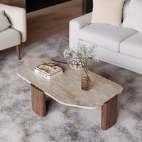 Table basse en bois massif avec plateau en pierre frittée irrégulière Wabi-Sabi, style vintage pour petits appartements et maisons d'hôtes, table basse créative