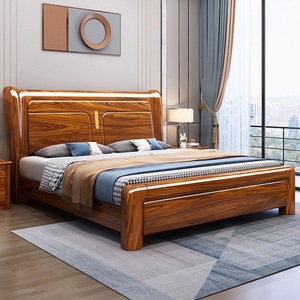Lit en bois de noyer massif de style chinois minimaliste moderne, 1,8 m, avec rangement, lit double pour chambre principale, lit de mariage - Product Image 1
