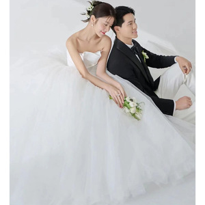 Strapless A-Line White Tulle Wedding Dress Natural Waist Simple Folds Petite Bride Travel Photoshoot Dress - Product Image 4