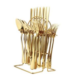 Vàng thép không gỉ dao muỗng nĩa Set với đứng 24 cái Vàng <span class=keywords><strong>Flatware</strong></span> thiết lập dao kéo với Rack - Product Image 2