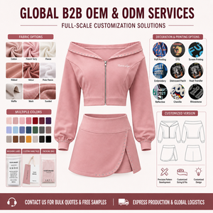 Conjunto <span class=keywords><strong>de</strong></span> Sudadera Corta Rosa con Hombros Descubiertos y Falda para Mujer, Chándal <span class=keywords><strong>de</strong></span> Gimnasio, Conjunto <span class=keywords><strong>de</strong></span> Dos Piezas <span class=keywords><strong>de</strong></span> Sudadera y Pantalones Cortos para Mujer, Venta al por Mayor a Granel - Product Image 4