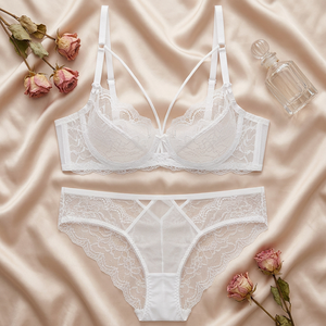 Conjunto de sujetador con aros y bragas de encaje blanco, talla grande, transparente, lencería romántica transpirable para mujer - Product Image 1