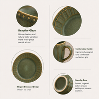 Service de table rustique vintage en céramique verte, assiettes, bols et tasses en grès strié et moucheté avec bordure perlée, vaisselle de ferme