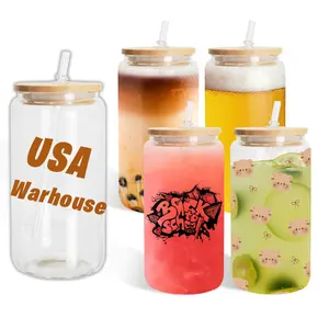 USA WAREHOUSE RTS stocked 12oz 16oz 25oz Clear Frosted Soda Pop Shaped Sublimation Beer Jar Glass Can cup Glass with Straw Lid