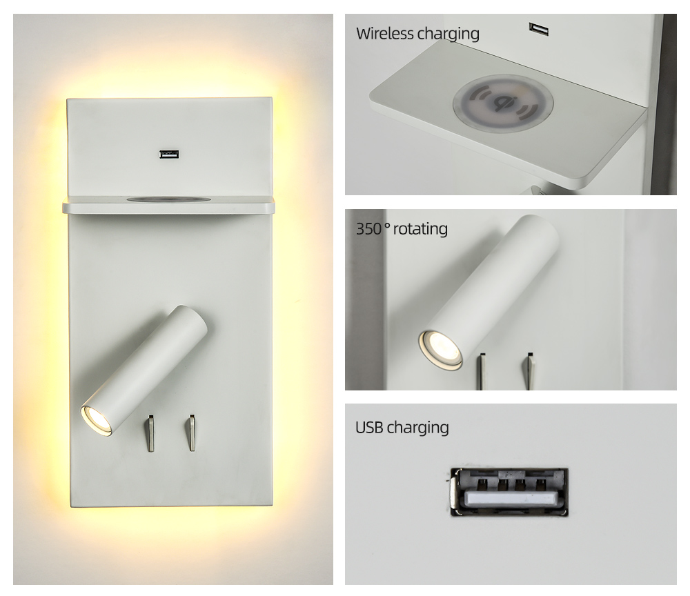 Wholesale Supply Oem Odm Wireless Usb Charging Metal Adjustment Led Bedside Wall Lamp For Bedroom