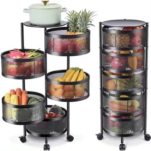 Fruit and vegetable circular basket holder with movable rolling and rotating storage rack 5-layer black color