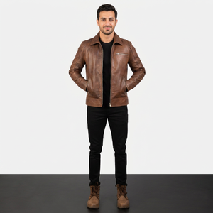 Men's Customized Genuine <b>Leather</b> Vintage Breathable <b>Jacket</b> Solid Plain Color High Neck Collar <b>Long</b> Sleeves Full Zipper Autumn - Product Image 1