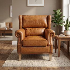 Traditional Luxury Highback <b>Armchair</b> Genuine Leather Soft Upholstery Metal/Wood Legs Comfortable Outdoor Apartment Portable - Product Image 2