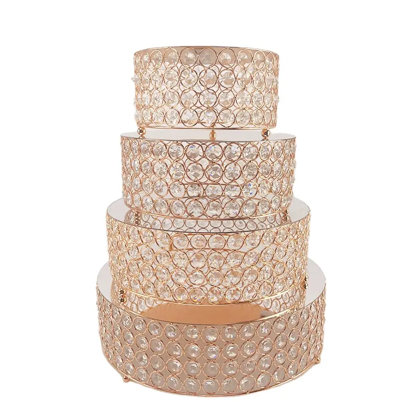 New Design Gold Plated Cake Tabletop Metal Cake Stand Set with Crystal Beads for Wedding Decoration