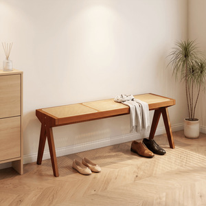 Banc long en rotin, tabouret en bois massif en forme de V, banc à chaussures pour l'entrée, fait main, multifonctionnel - Product Image 1