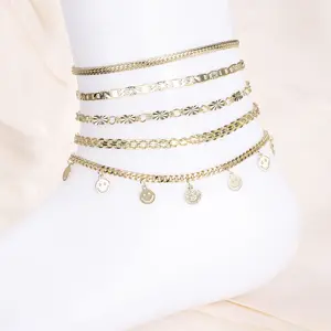 CM YIM custom wholesale fashion jewelry anklets tobilleras hot sale 14k gold plate simple style beach foot chain for woman