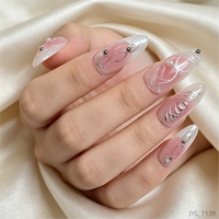 Ongles press-on personnalisés en ABS, étiquette privée, amande rose ombré, fleur 3D, papillon argenté, perle, brillants, faux ongles pour doigts