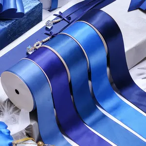 blue wholesale hot stamping 100% polyester custom gift satin ribbons roll with logo for gift wrapping 38MM