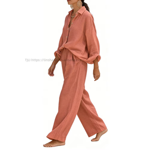 Women's Coral Shirt & Wide-Leg <b>Pants</b> 2 Piece Set - Casual Summer Outfit Breathable Coord Fashion - Product Image 4