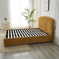 Europäisches Senfgelbes Stoffbezogenes Montiertes Plattformbett mit Hydraulikmechanismus Großer Stauraum unter dem Bett Queen-Size