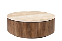 Table basse ronde en bois CNC avec plateau en marbre travertin, finition noyer clair / marbre travertin bois de manguier
