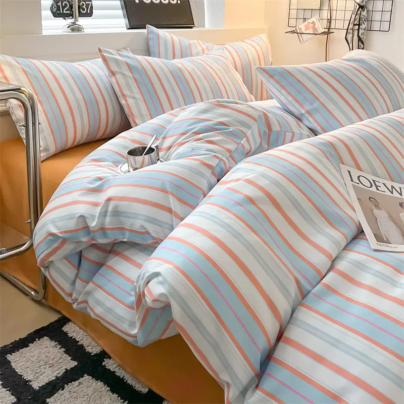 Lençóis de algodão lavado estilo simples, 4 peças tingidas lisas, com fronha, cama plana, dormitório de estudantes simples e duplo