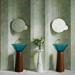 Lavandini in resina colorata di cristallo e grana di legno in <span class=keywords><strong>acciaio</strong></span> inossidabile combinazione di piedistallo Free Standing Art <span class=keywords><strong>lavandino</strong></span> <span class=keywords><strong>bagno</strong></span> lavabo - Product Image 4