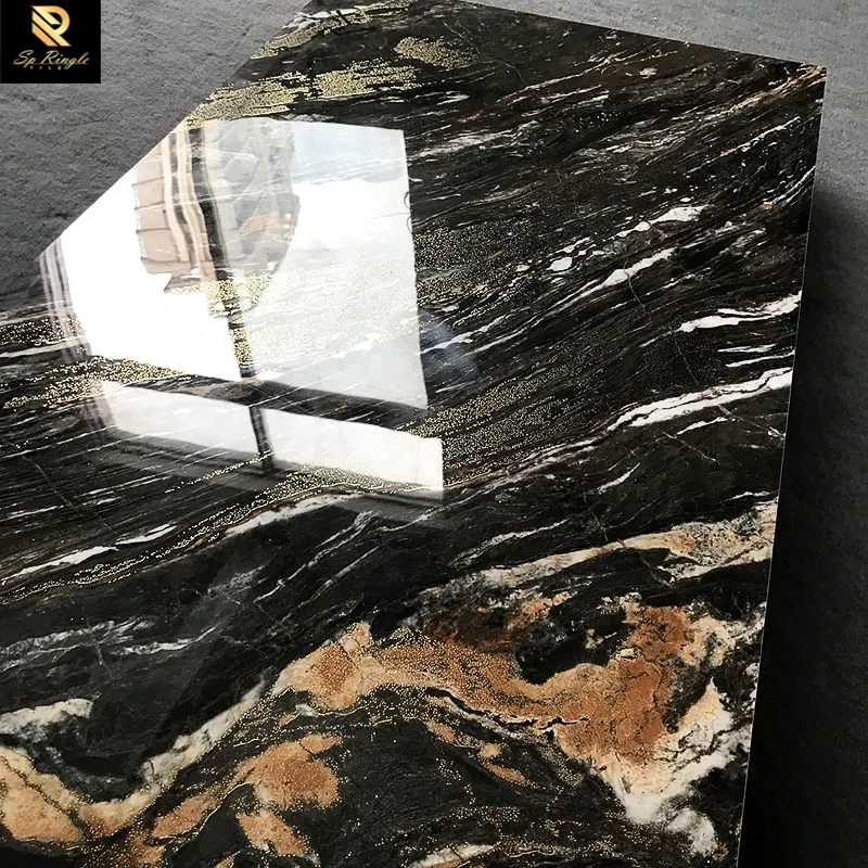 Springletile luxury guest bathroom non-slip indoor black gold glitter marble decorative polished glazed tile