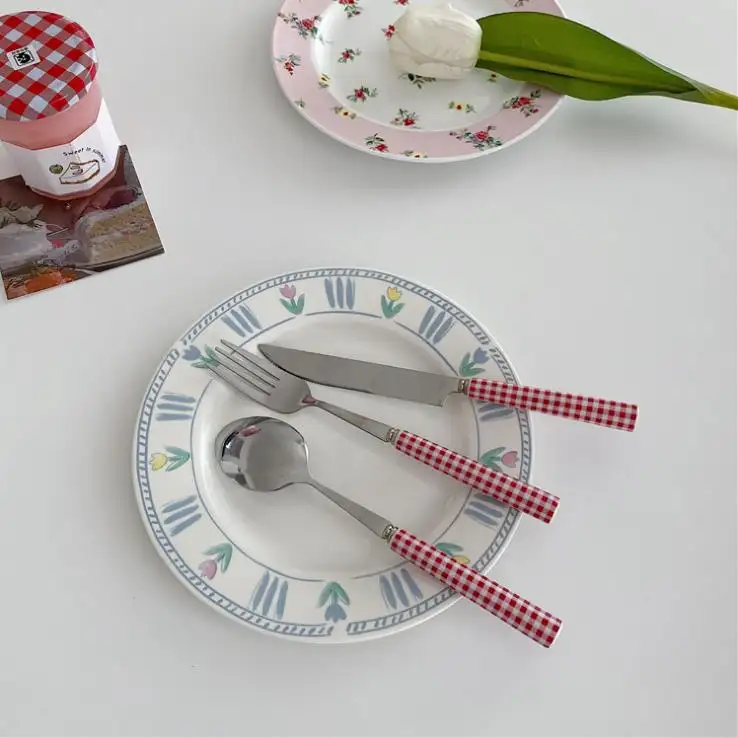 Franse Blauw Rood Plaid Keramische Handvat Mes Vork Lepel Servies Dessert Steak Bestek