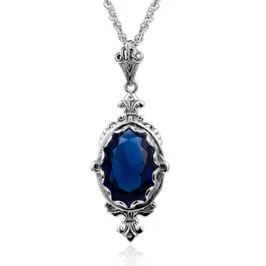 Wholesale Jewelry Goth delicate filigree Sapphire Stone Pendant Necklace Vintage 925 Silver Pendants Necklace