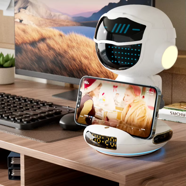 M80 Desktop Portable Robot AI Wireless BT Speaker with TF Card Playback AUX Input Night Light Alarm Clock