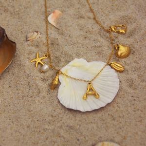 Joyería de Moda, Collar de Acero Inoxidable Chapado en Oro de 18k con Dijes de Estrella, Concha y Letra, Collares de Concha y Estrella de Mar para Mujer - Product Image 1