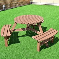 Grande table de pique-nique ronde en bois pour l'extérieur avec bancs et trou pour parasol - Ensemble de salle à manger de luxe pour patio, jardin, parc, pub et cour arrière