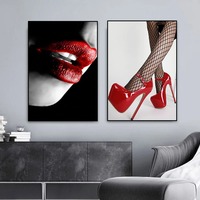 Chaussettes en résille à motif lèvres rouges sexy, talons hauts, impression sur toile, art mural moderne pour femmes, décoration de salon et de maison
