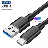 Kabel Pengisian Daya USB 3.2 ke Type-C 2026 Terlaris 10Gbps 3A 60W Pengisian Cepat Kabel Data Hitam