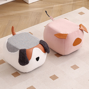 Tabouret en peluche sur le thème des animaux pour enfants et adultes, siège rembourré doux avec motif chien et cochon, petit banc pour salon ou chambre - Product Image 1