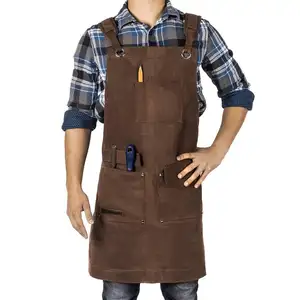 Mens Chef Kitchen Cooking BBQ Brown Leather Apron With Tool Pocket