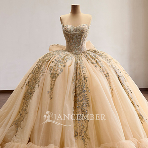 Robe de bal élégante Rsm261029 en tulle champagne avec appliques de sequins dorés et paillettes, style princesse, pour Quinceañera et concours de beauté Jancember - Product Image 2