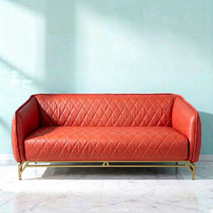 Sofá de Salón de Lujo Europeo Antiguo, de Cuero Rojo Vintage con Patas de Acero Inoxidable Doradas, para Hoteles y Hogares - Product Image 4