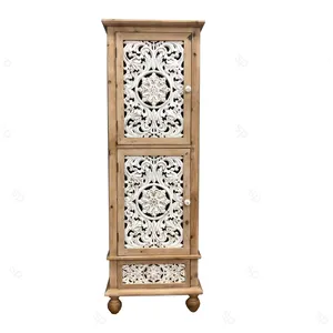Home Decoration MDF High Cabinet Furniture Elegant Antique White Wooden Carving High Storage Cabinet