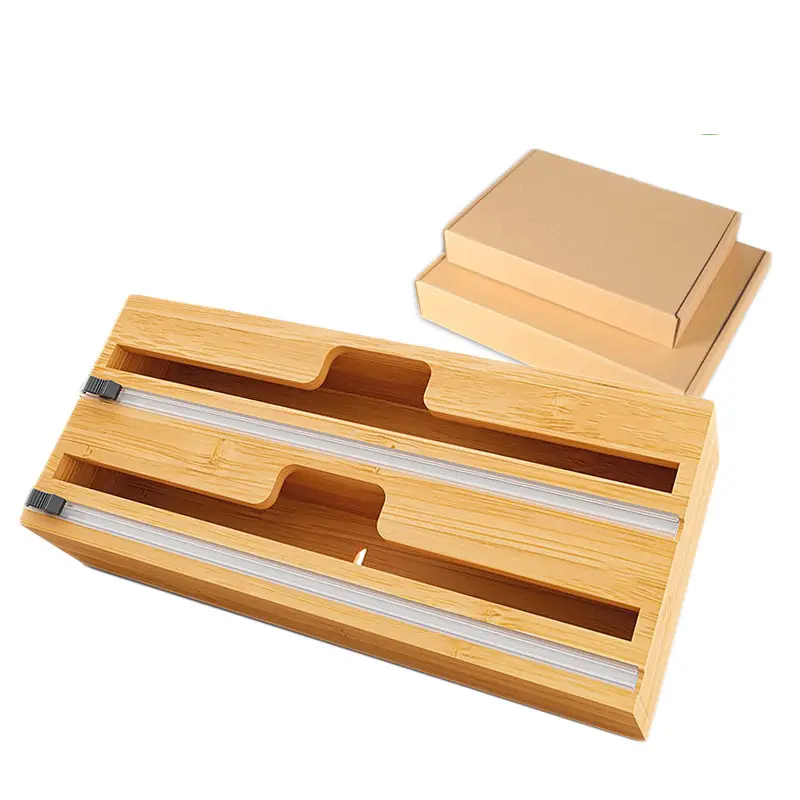 Estante de almacenamiento para cocina, cajón dispensador de papel de pergamino 2 en 1, envoltura de plástico de bambú con cortador deslizante