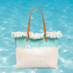 Borsa da donna con Logo stampato su misura da spiaggia estiva in tessuto di cotone con frange - Product Image 1