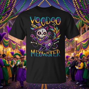 T-shirt Mardi Gras Cat Voodoo Meowster per gli amanti dei gatti, design divertente con gioco di parole - Product Image 3